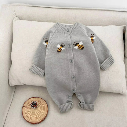 Gray baby romper with bee design