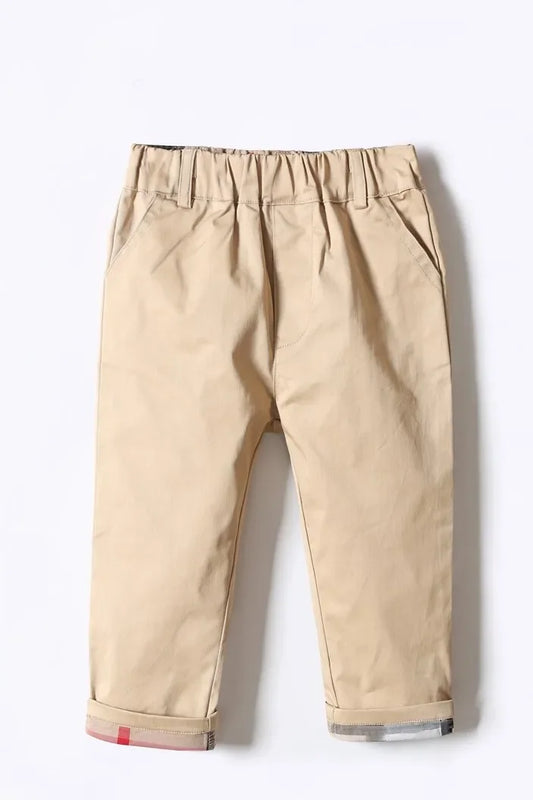 Classic Boys Khaki Pants with Plaid Cuff Detail