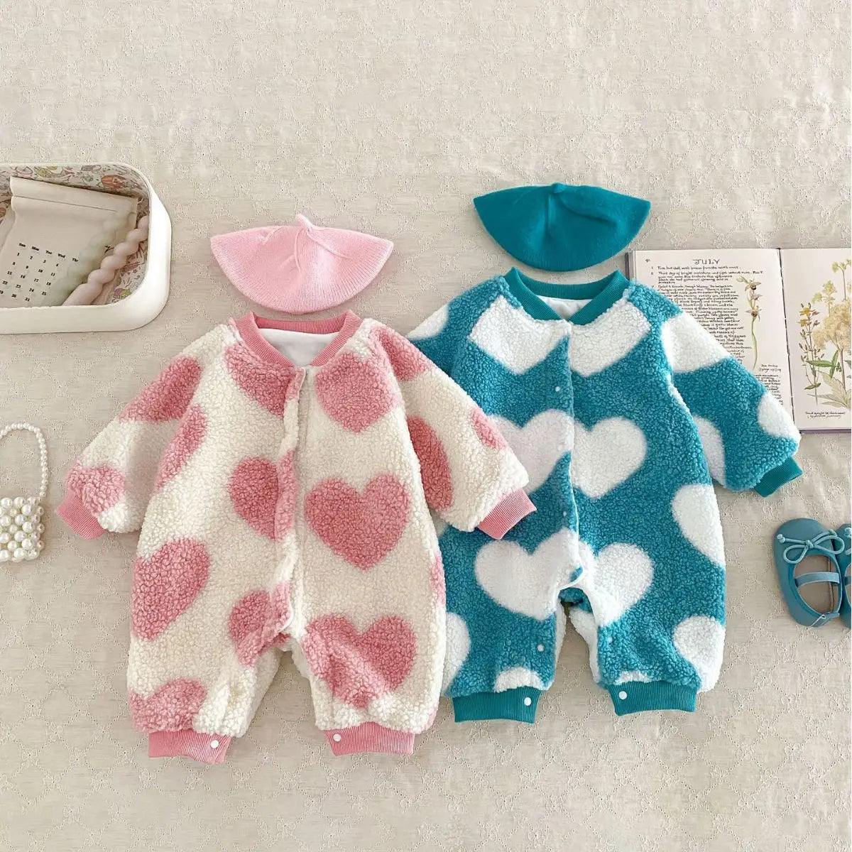 Heart Fleece Warm Jumpsuit - Peachy Bloomers