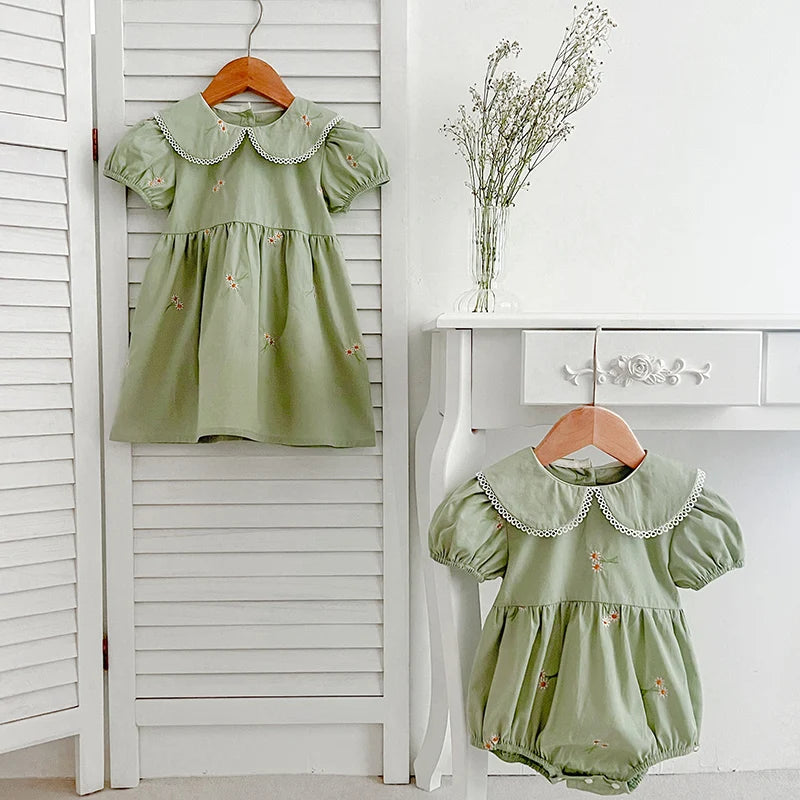 Sister Match Daisy Floral Green Cotton Dress and Romper
