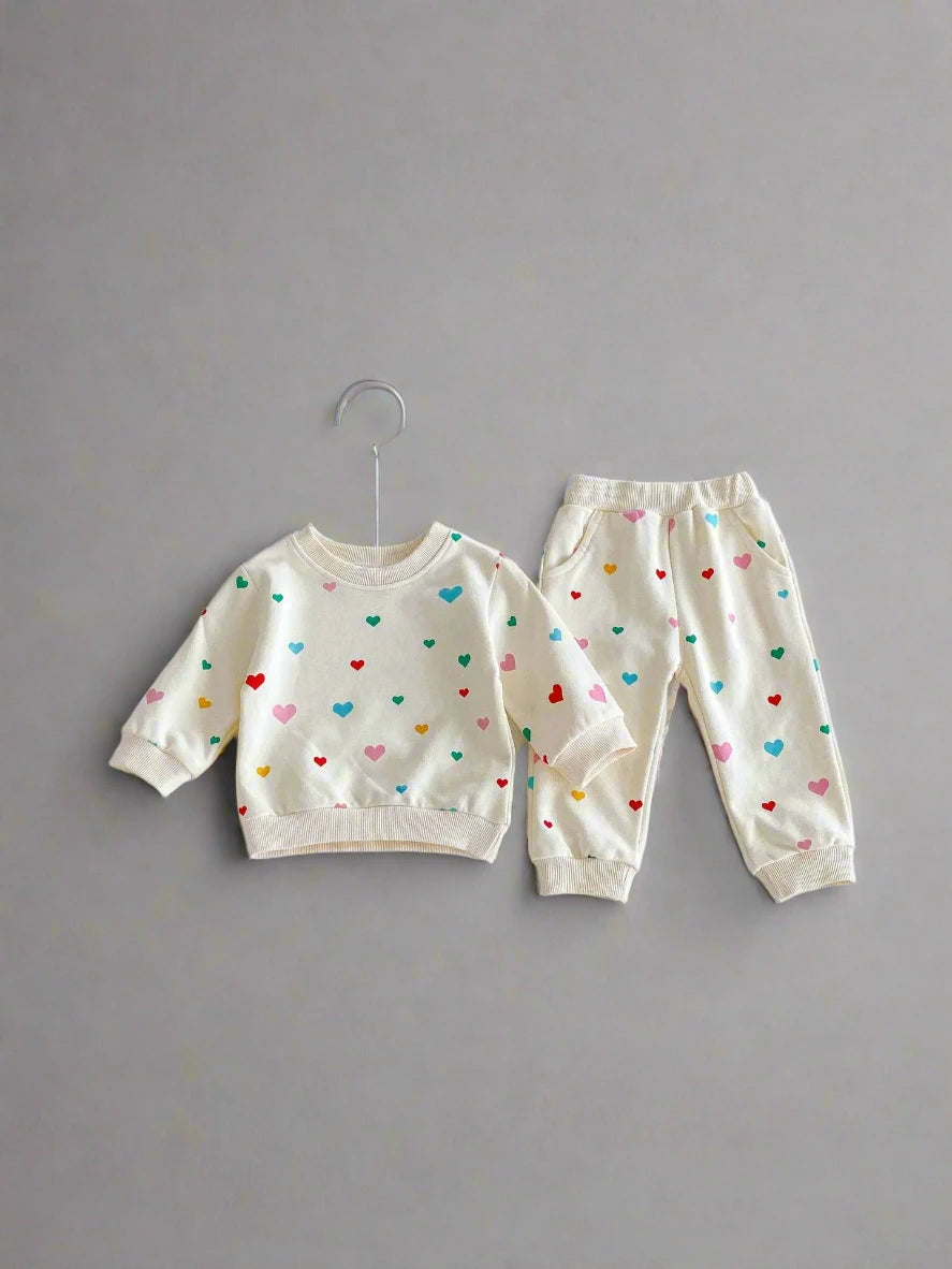Heart Print Girls Sweatshirt and Sweatpants Set