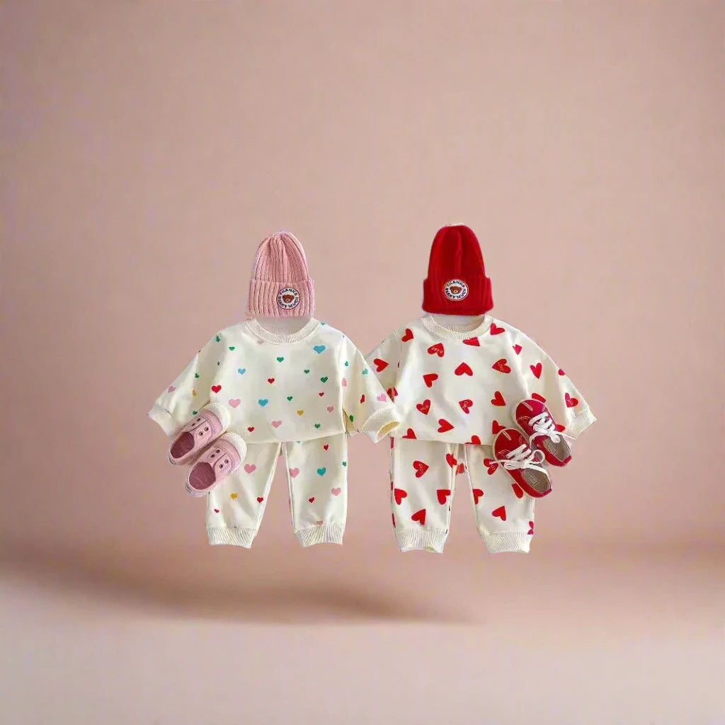 Heart Print Girls Sweatshirt and Sweatpants Set