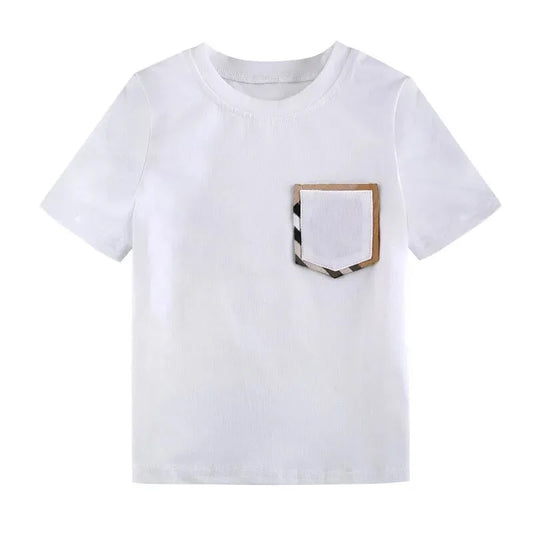White T-shirt with Plaid Pocket