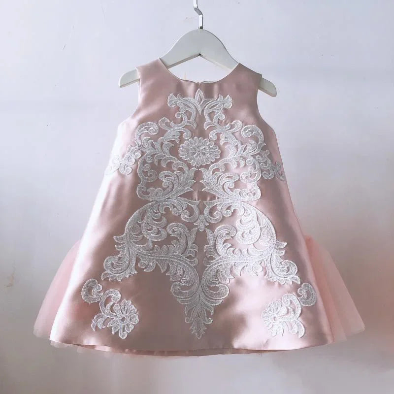 Pink Floral Embroidered Dress with Tulle and Satin Bow