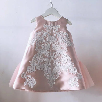 Pink Floral Embroidered Dress with Tulle and Satin Bow