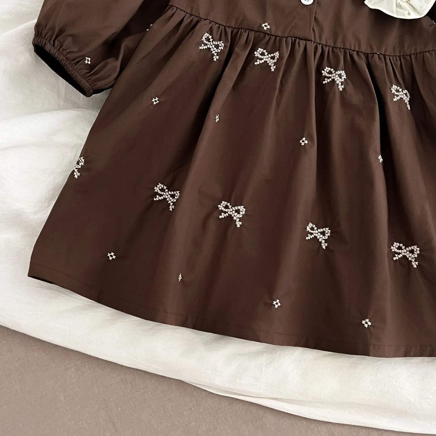 Girls Brown Little Bow Embroidery Dress