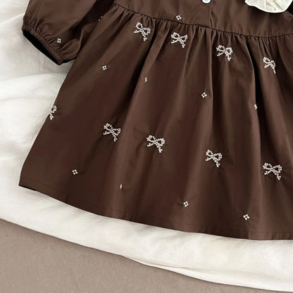 Girls Brown Little Bow Embroidery Dress