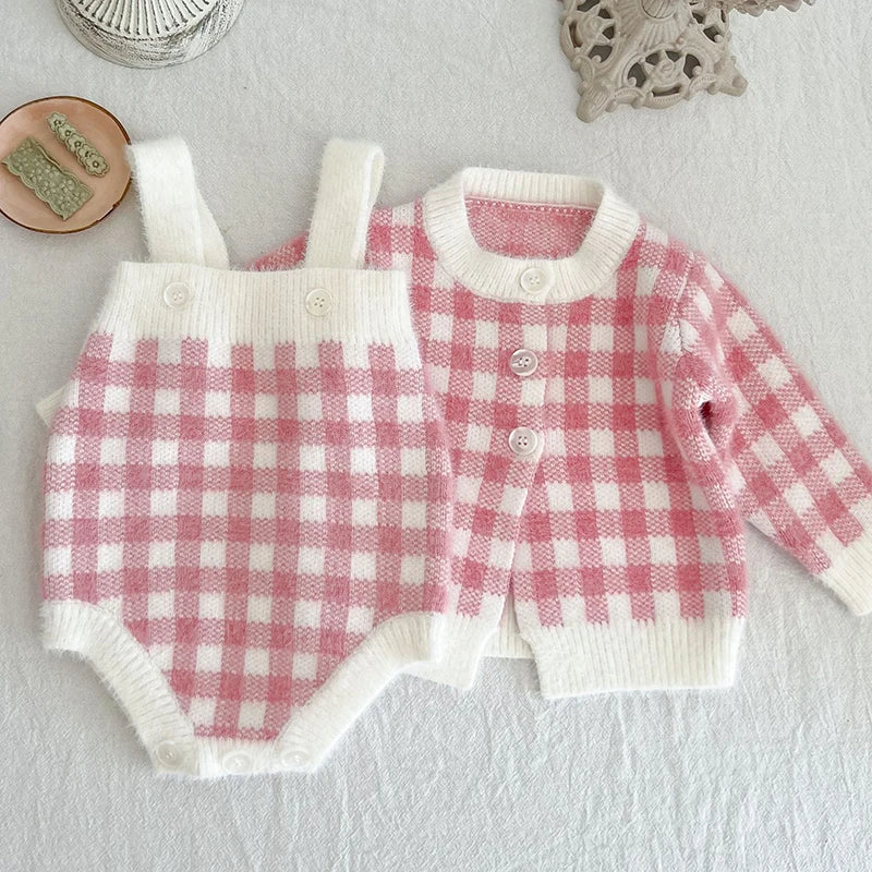 3-Piece Pink Gingham Baby Knit Set – Cardigan, Romper & Peter Pan Collar Top