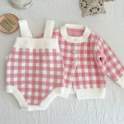 3-Piece Pink Gingham Baby Knit Set – Cardigan, Romper & Peter Pan Collar Top