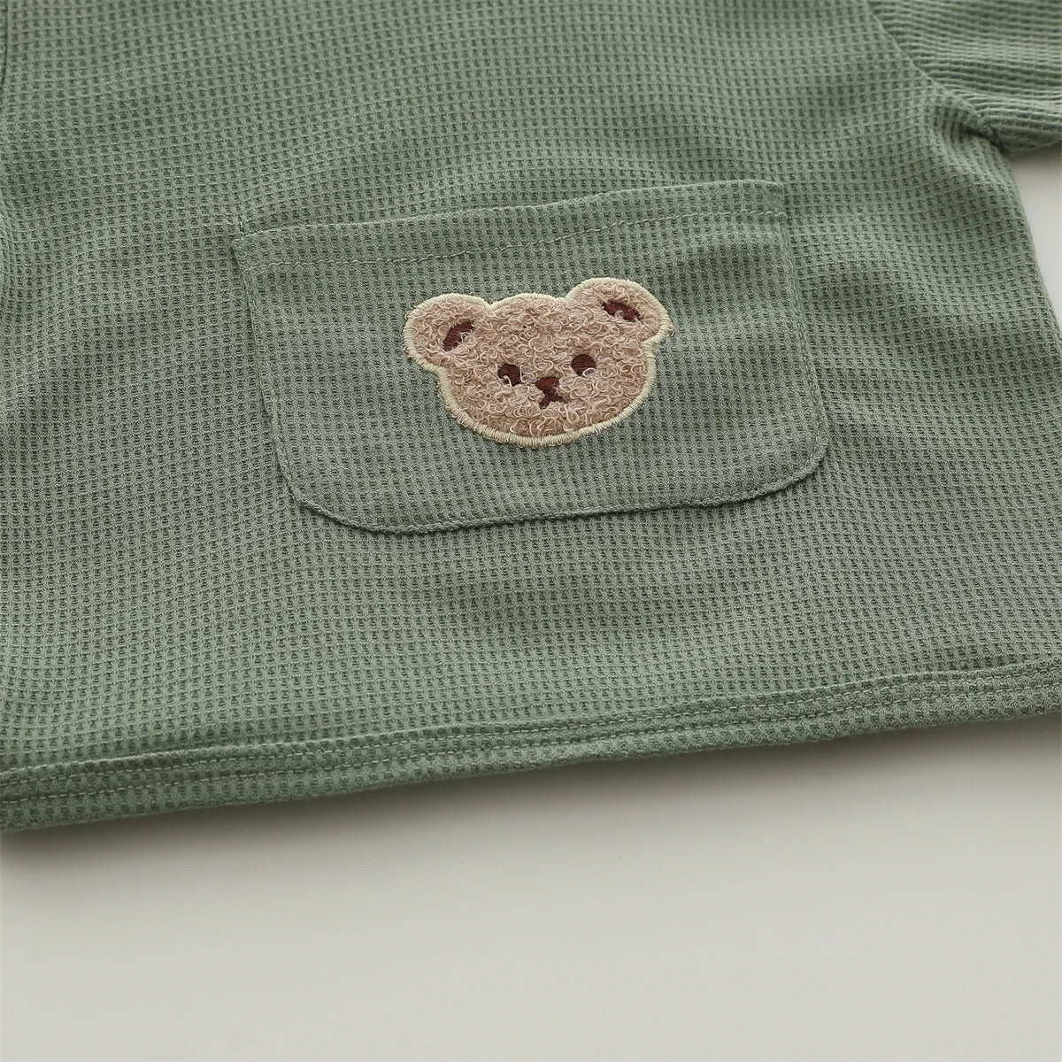 Bear Pocket Summer Set – Soft Waffle Knit Shorts & Tee for Toddlers
