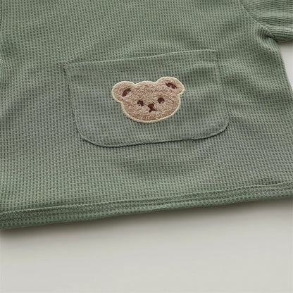 Bear Pocket Summer Set – Soft Waffle Knit Shorts & Tee for Toddlers