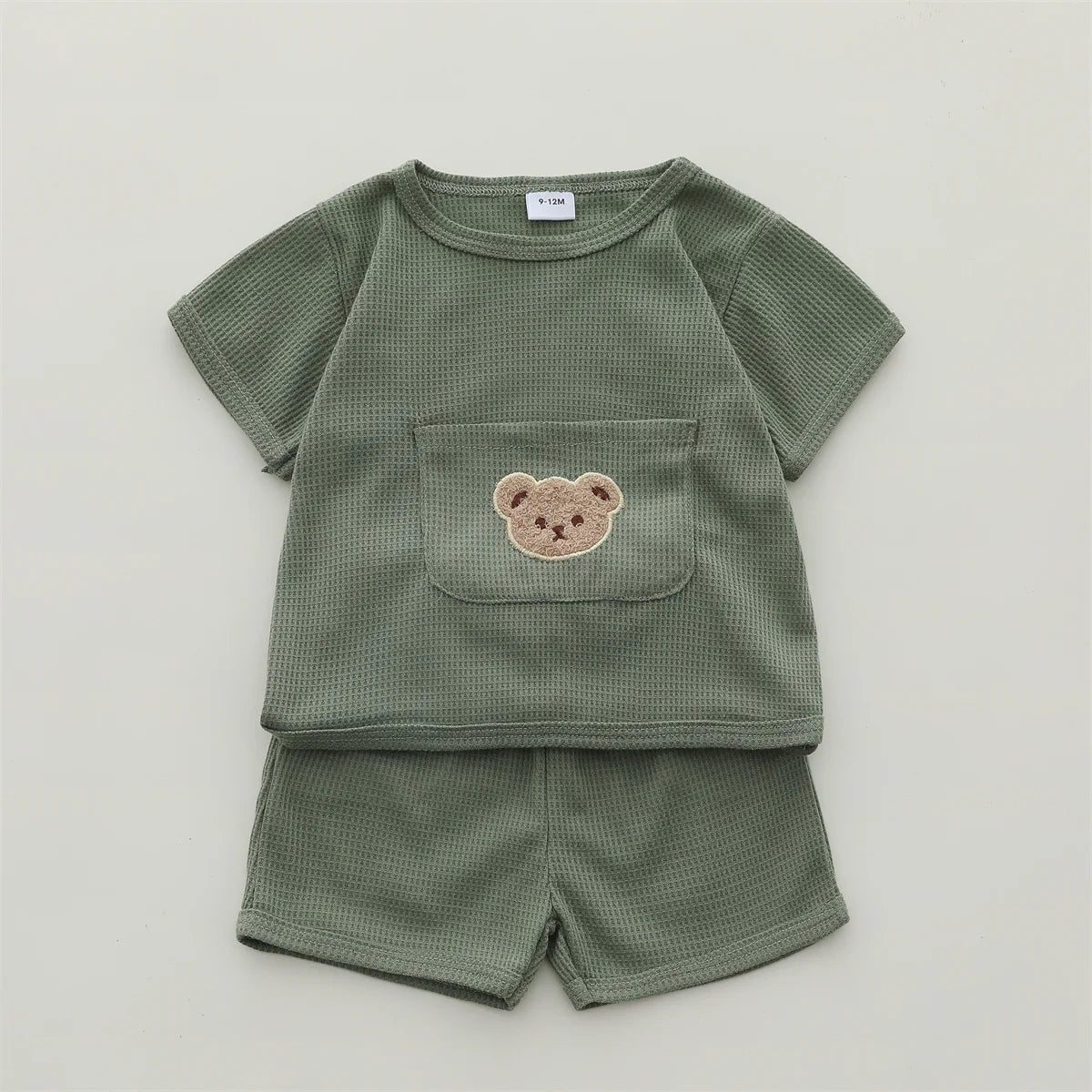 Bear Pocket Summer Set – Soft Waffle Knit Shorts & Tee for Toddlers