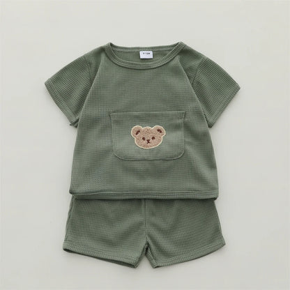 Bear Pocket Summer Set – Soft Waffle Knit Shorts & Tee for Toddlers