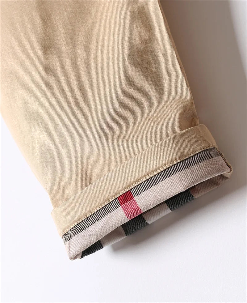 Classic Boys Khaki Pants with Plaid Cuff Detail