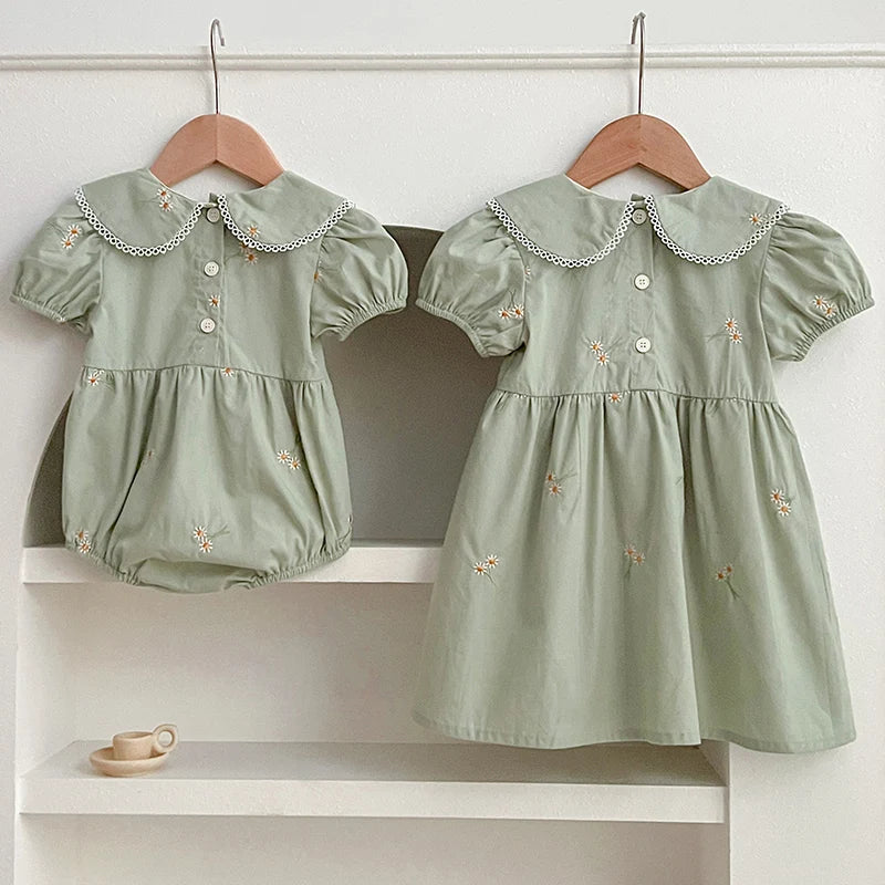 Sister Match Daisy Floral Green Cotton Dress and Romper