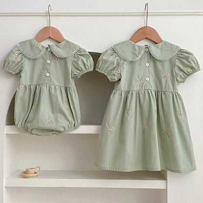 Sister Match Daisy Floral Green Cotton Dress and Romper