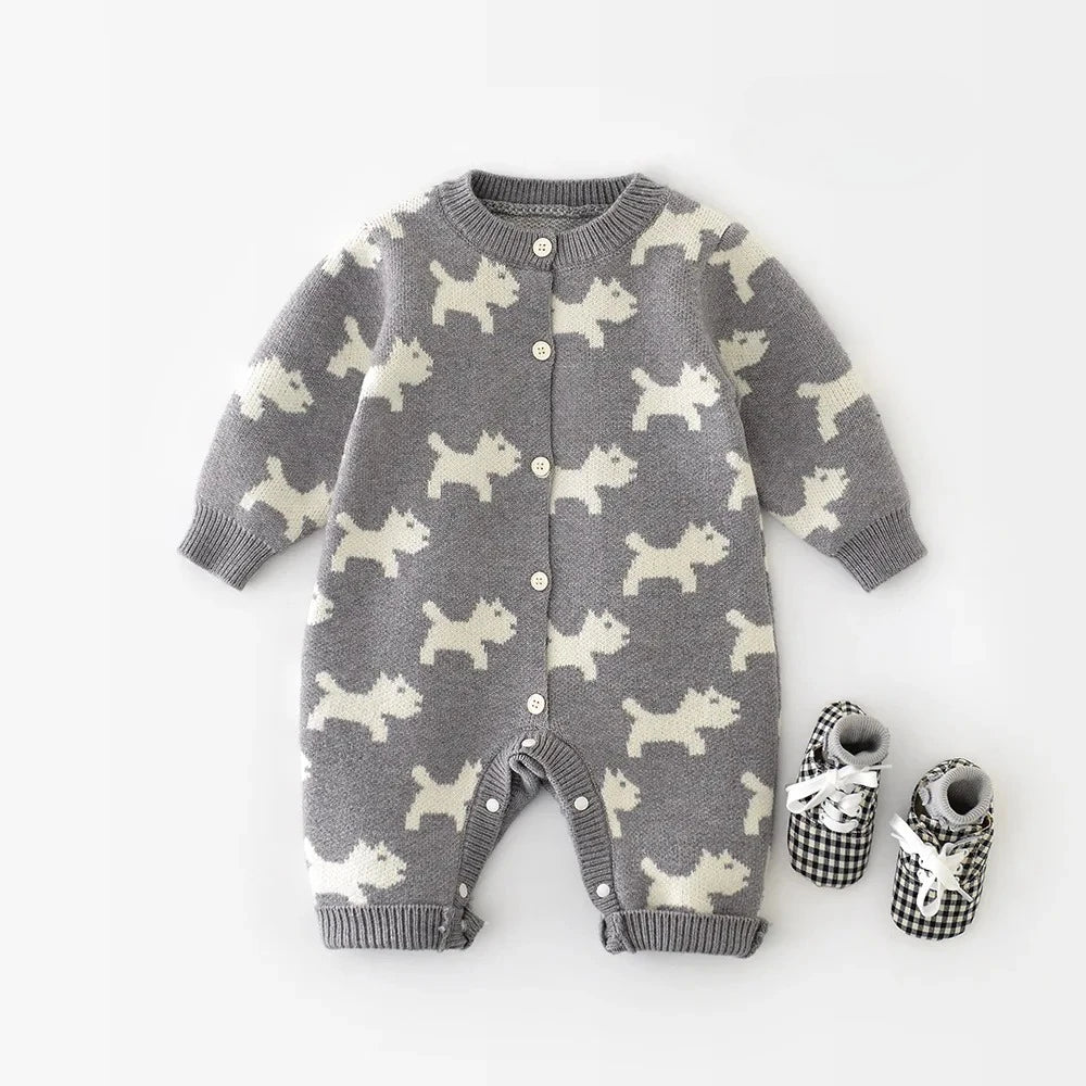 Gray baby romper with white dog pattern 