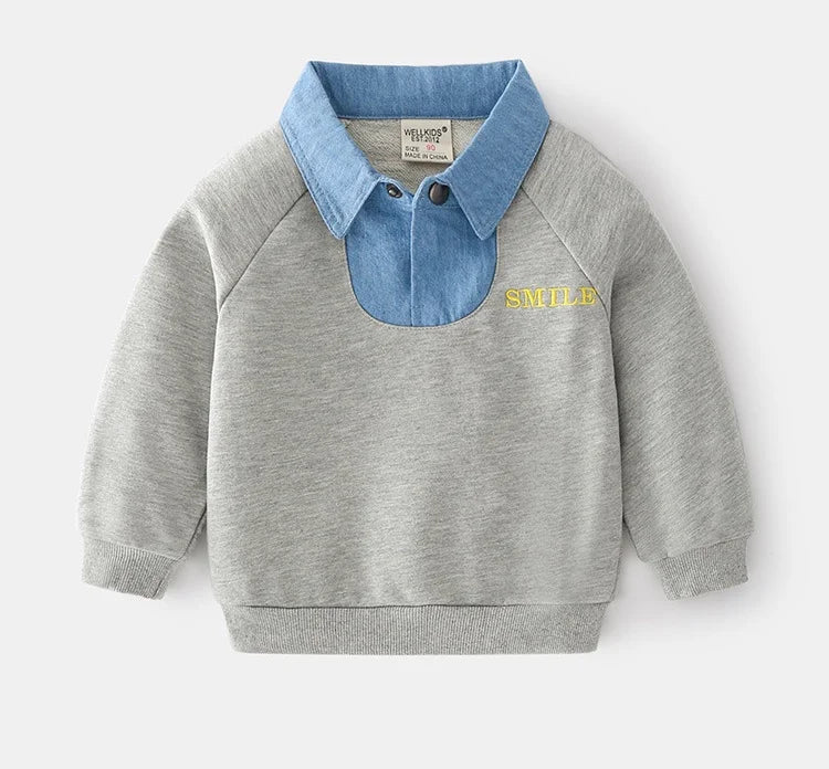 Denim Collar Gray Sweatshirt