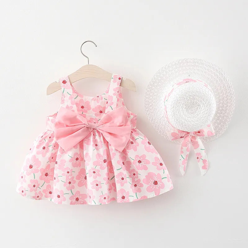 Baby Floral Bow Dress with Sunhat - Peachy Bloomers