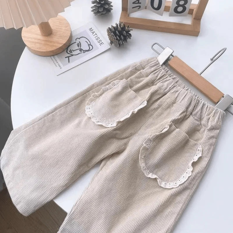 Girls Cotton Corduroy Pants with Lace Trim Pockets