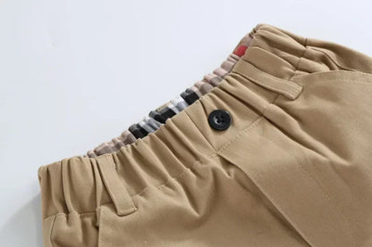 Boys Cotton Casual Pants with Plaid Cuffs