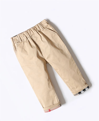 Classic Boys Khaki Pants with Plaid Cuff Detail