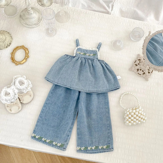 Daisy Denim Set for Girls – Cotton Summer Outfit with Embroidered Details