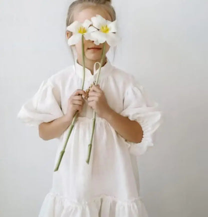 Linen Cotton GIrls Flare Dress - Peachy Bloomers