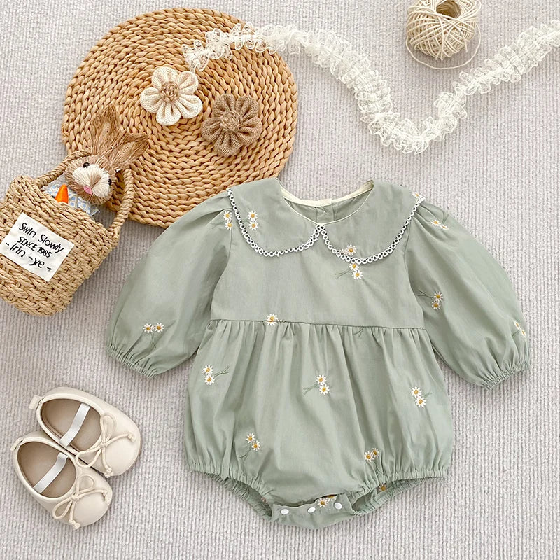 Daisy Gardenia Sage Cotton Baby Romper