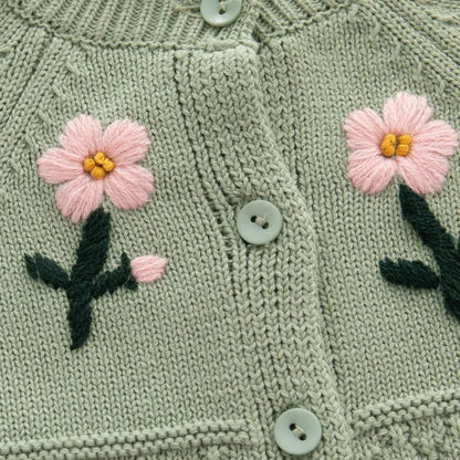Pink Flower Embroidery Knit Cardigan