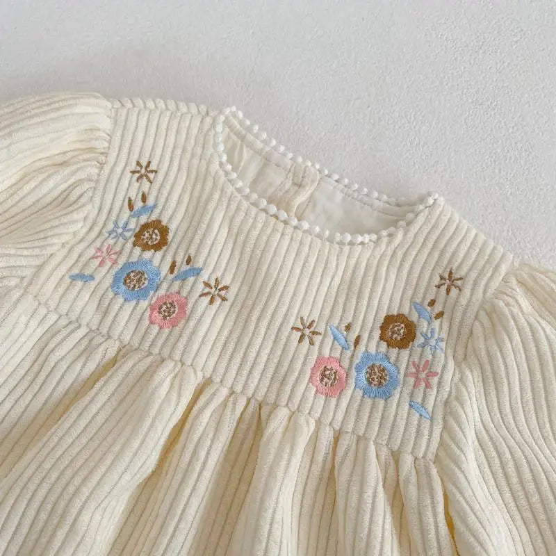 Floral Embroidered Velour Beige Dress - Peachy Bloomers
