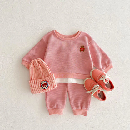 Bear Cotton Waffle Sweatshirt & Sweatpants Set - Peachy Bloomers