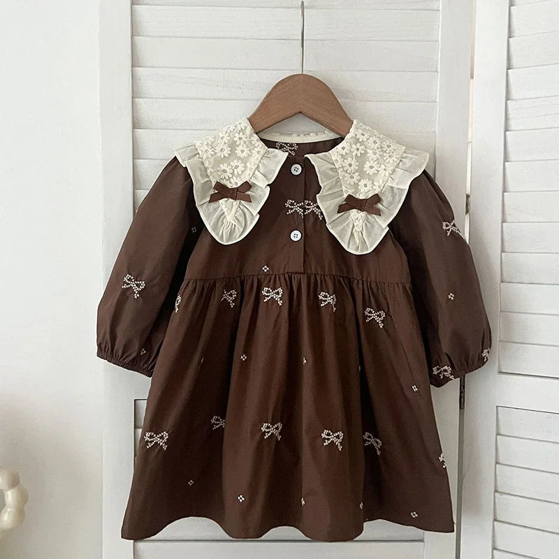 Girls Brown Little Bow Embroidery Dress