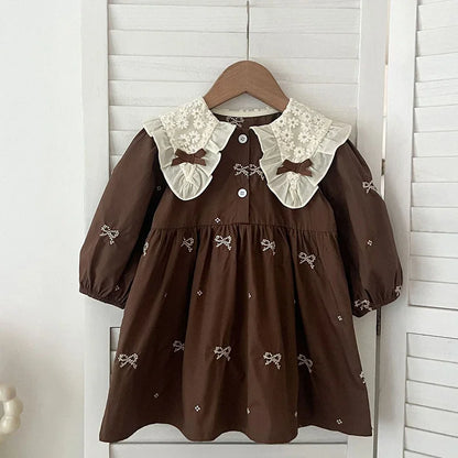 Girls Brown Little Bow Embroidery Dress
