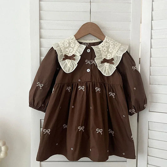 Girls Brown Little Bow Embroidery Dress
