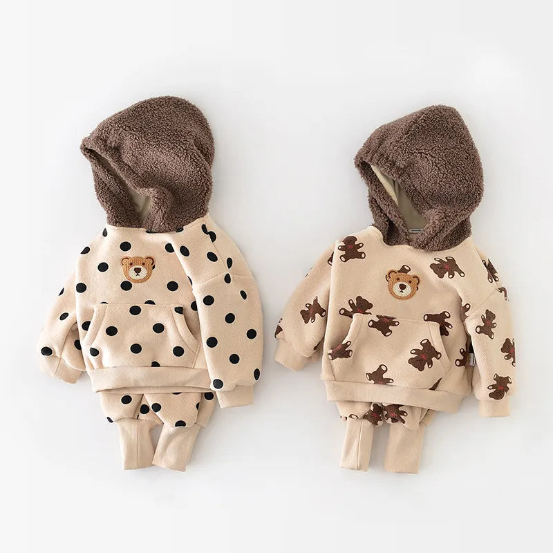 Baby Bear Dot Hoodie Fleece Set - Peachy Bloomers