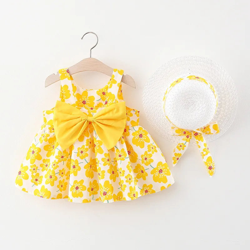 Baby Floral Bow Dress with Sunhat - Peachy Bloomers