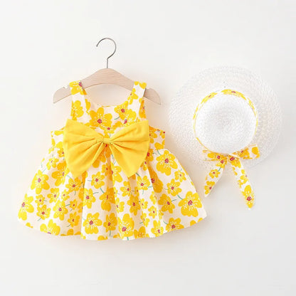 Baby Floral Bow Dress with Sunhat - Peachy Bloomers