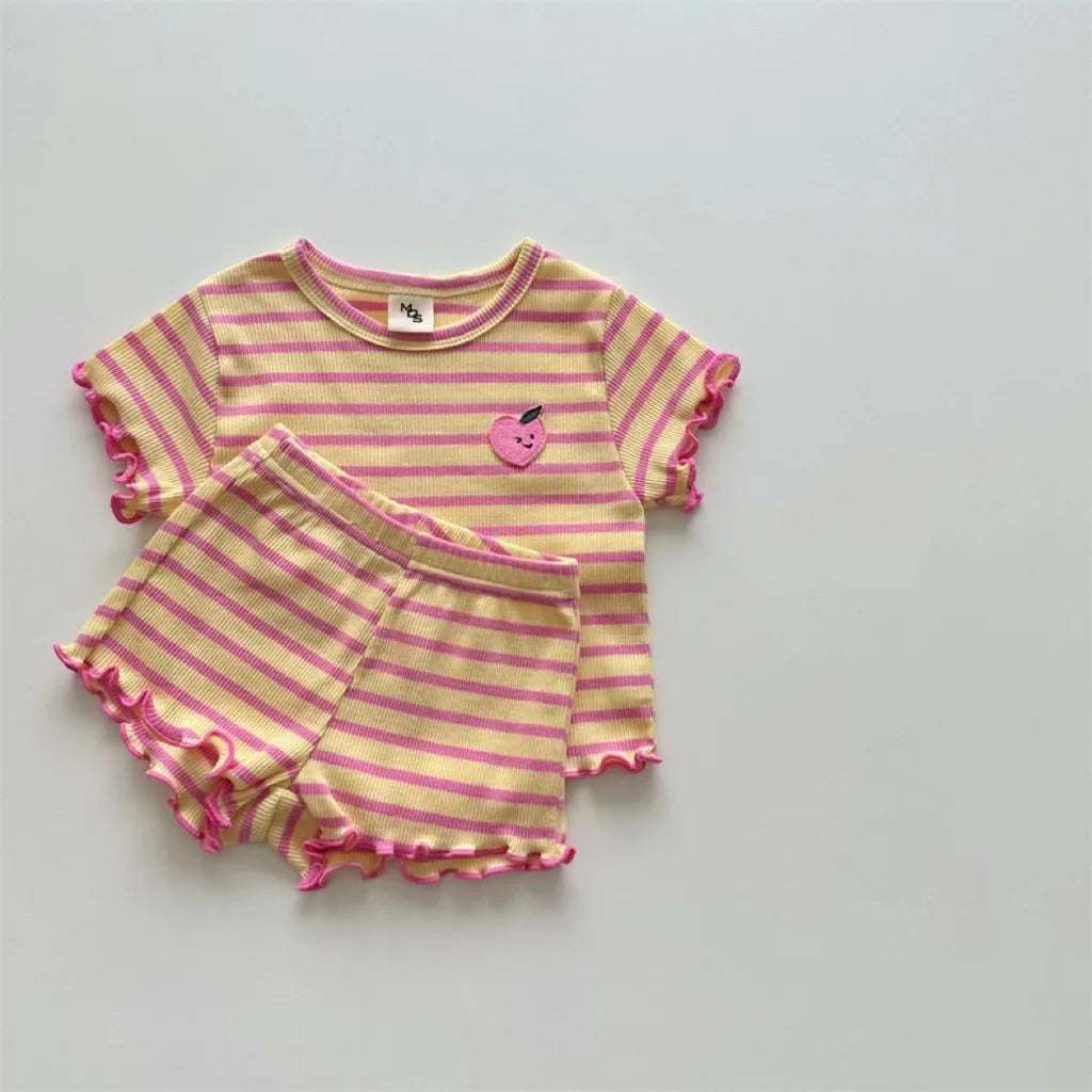 Fruit Stripe Knit T-shirt and Shorts Set - Peachy Bloomers