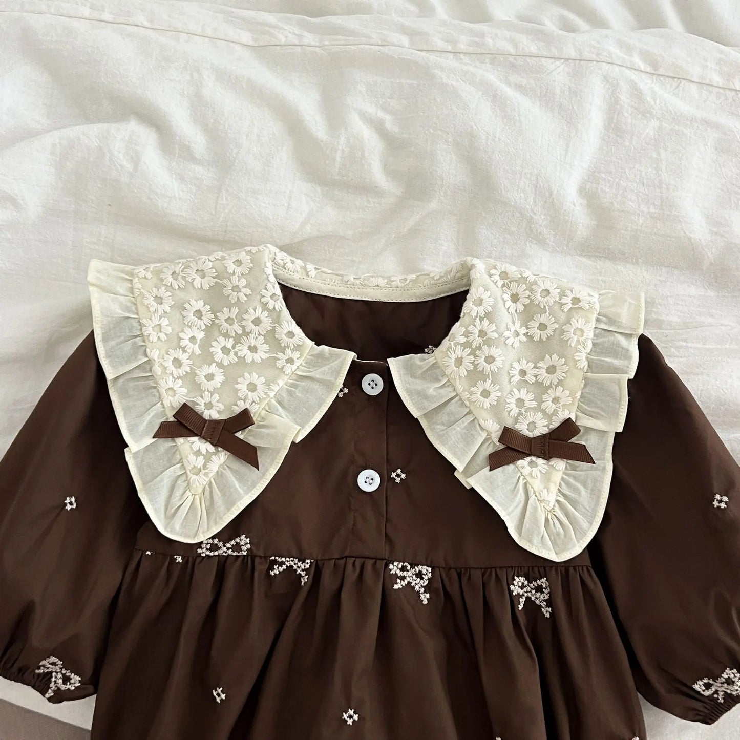 Girls Brown Little Bow Embroidery Dress