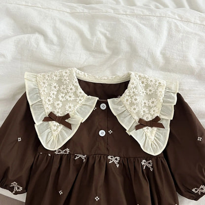 Girls Brown Little Bow Embroidery Dress