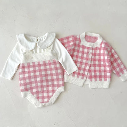 3-Piece Pink Gingham Baby Knit Set – Cardigan, Romper & Peter Pan Collar Top