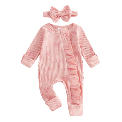 Newborn Ruffle Bow Jumpsuit with Headband