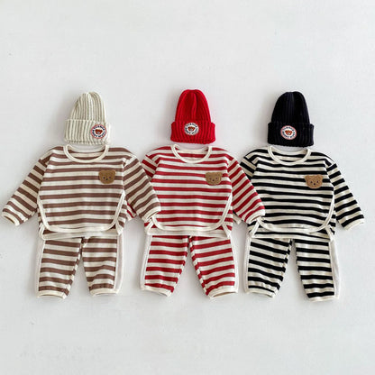 Toddler Bear Waffle Stripe Cotton Sweats Set