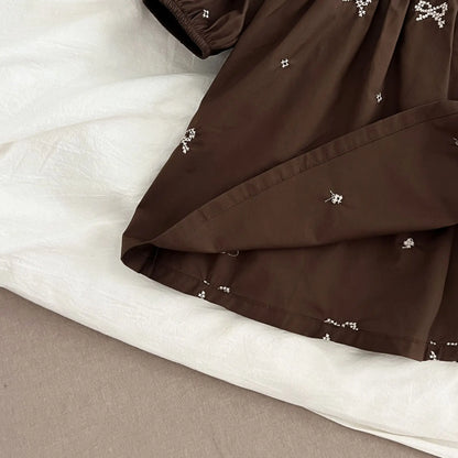 Girls Brown Little Bow Embroidery Dress