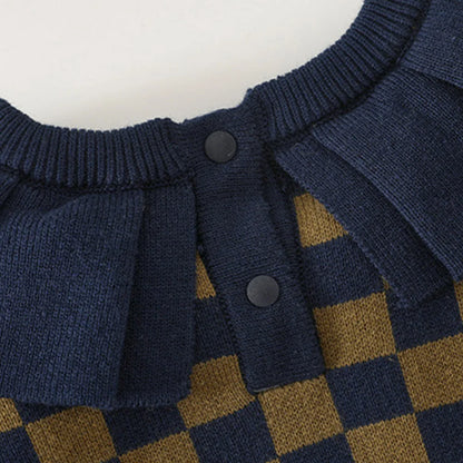 Checkered Knit Baby Romper – 100% Cotton Long Sleeve Jumpsuit with Ruffled Collar