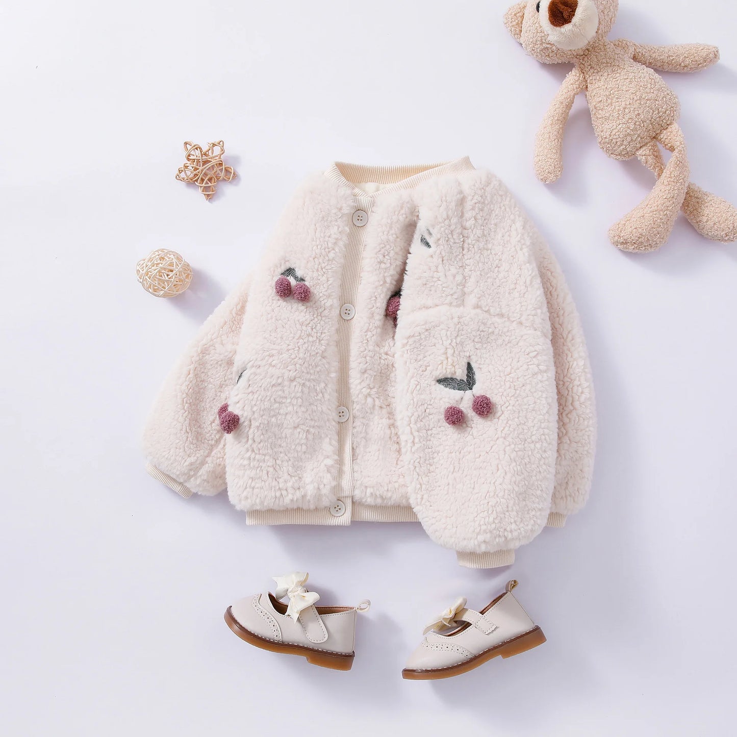 Girls Cherry Embroidery Bomber Fleece Jacket