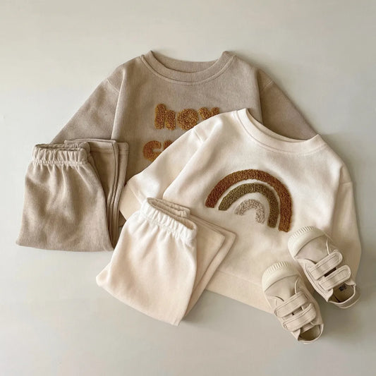 "Hei Cutie" & Rainbow Sweatshirt and Sweatpants Set - Peachy Bloomers