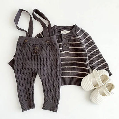 Toddler Cotton Knit Suspender Set – Striped Sweater & Cable Knit Pants