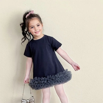 Navy Cotton Baby Dress with Ruffle Tulle Hem